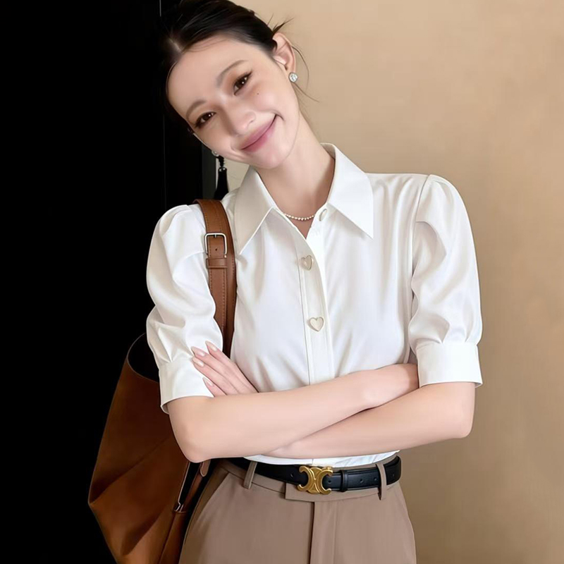 白色泡泡袖棉襯衫女短袖夏新款 甜美復古上衣 彈力透氣燈籠袖襯衣