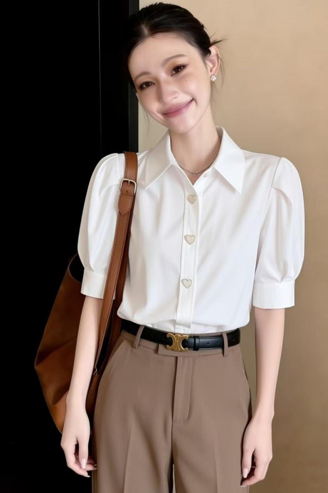 白色泡泡袖棉襯衫女短袖夏新款 甜美復古上衣 彈力透氣燈籠袖襯衣