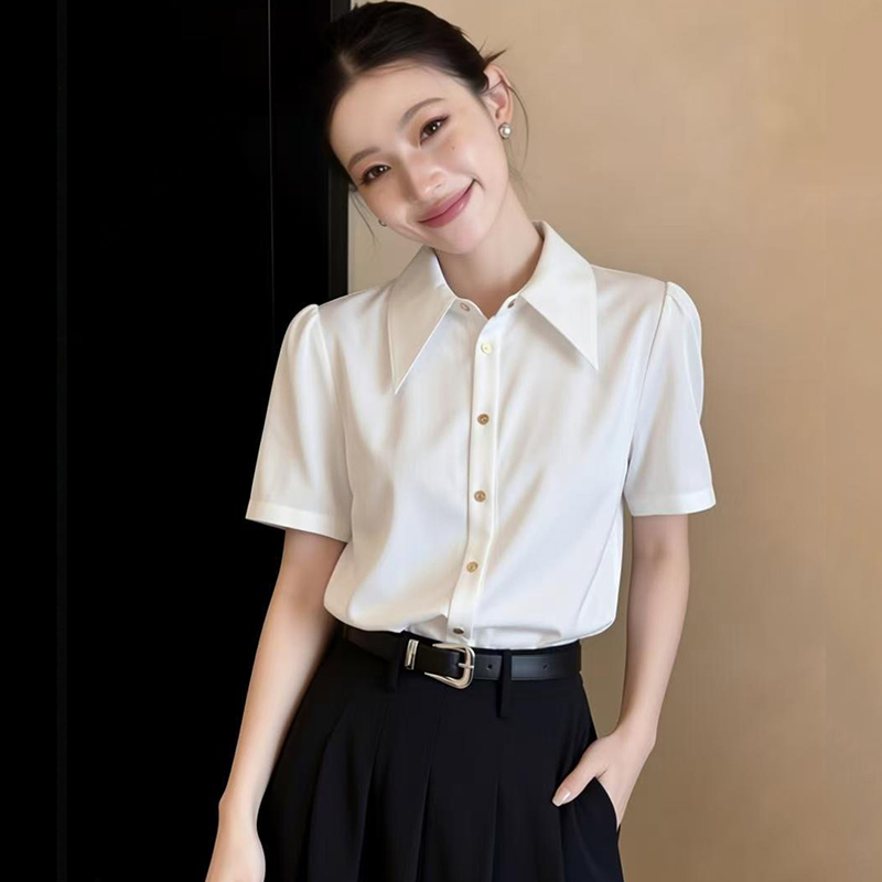 2026春夏白色尖領緞面短袖襯衫女職業通勤垂感百搭正裝港風仿真絲