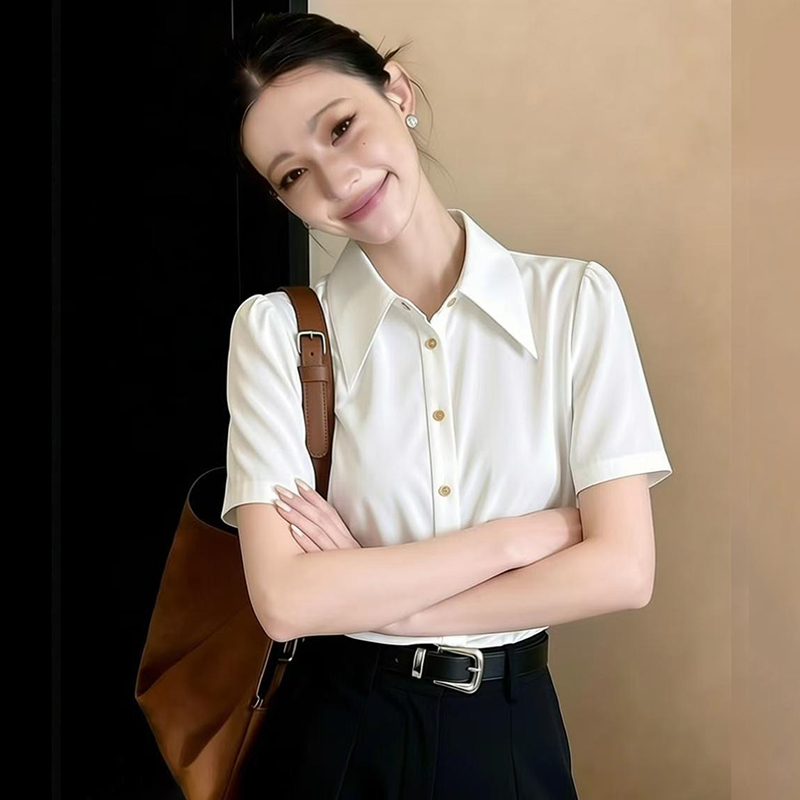 2026春夏白色尖領緞面短袖襯衫女職業通勤垂感百搭正裝港風仿真絲