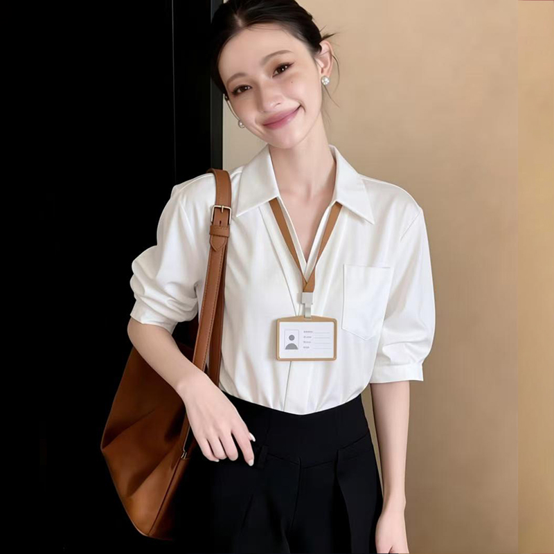 2026實拍新款白色設計感V領襯衫女夏面試穿搭短袖上衣小個子襯衣