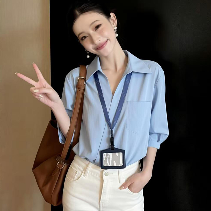 2026實拍新款白色設計感V領襯衫女夏面試穿搭短袖上衣小個子襯衣