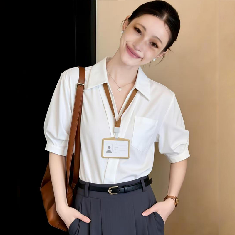 2026實拍新款白色設計感V領襯衫女夏面試穿搭短袖上衣小個子襯衣
