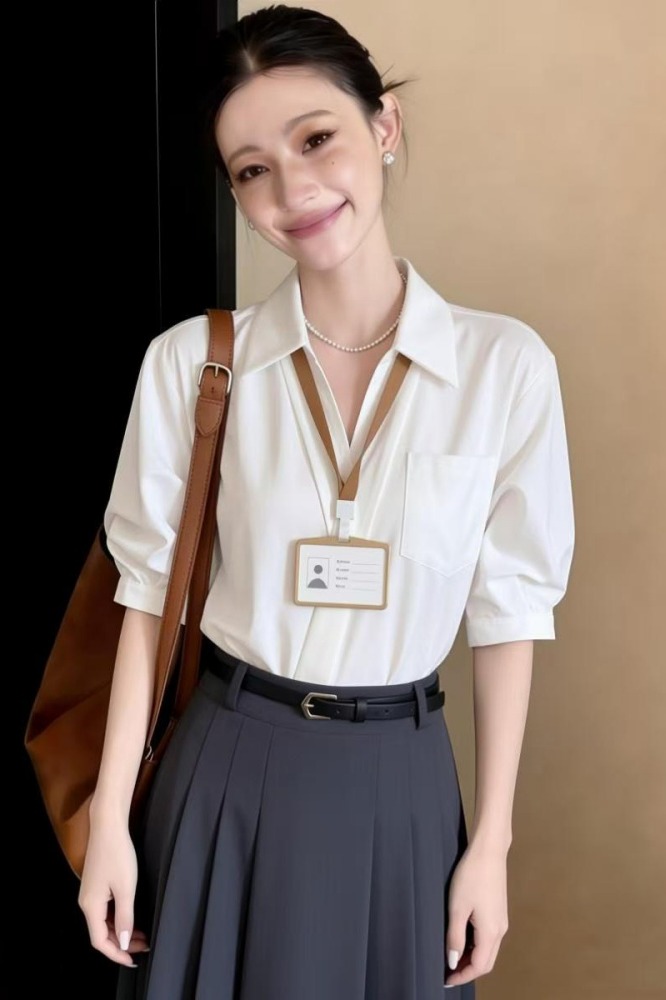 2026實拍新款白色設計感V領襯衫女夏面試穿搭短袖上衣小個子襯衣