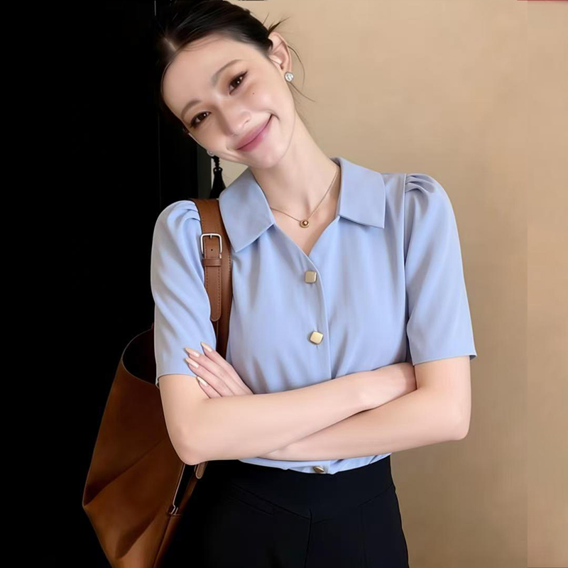 2026短袖襯衫女設計感小眾輕熟新款夏季寬松百搭法式v領雪紡上衣