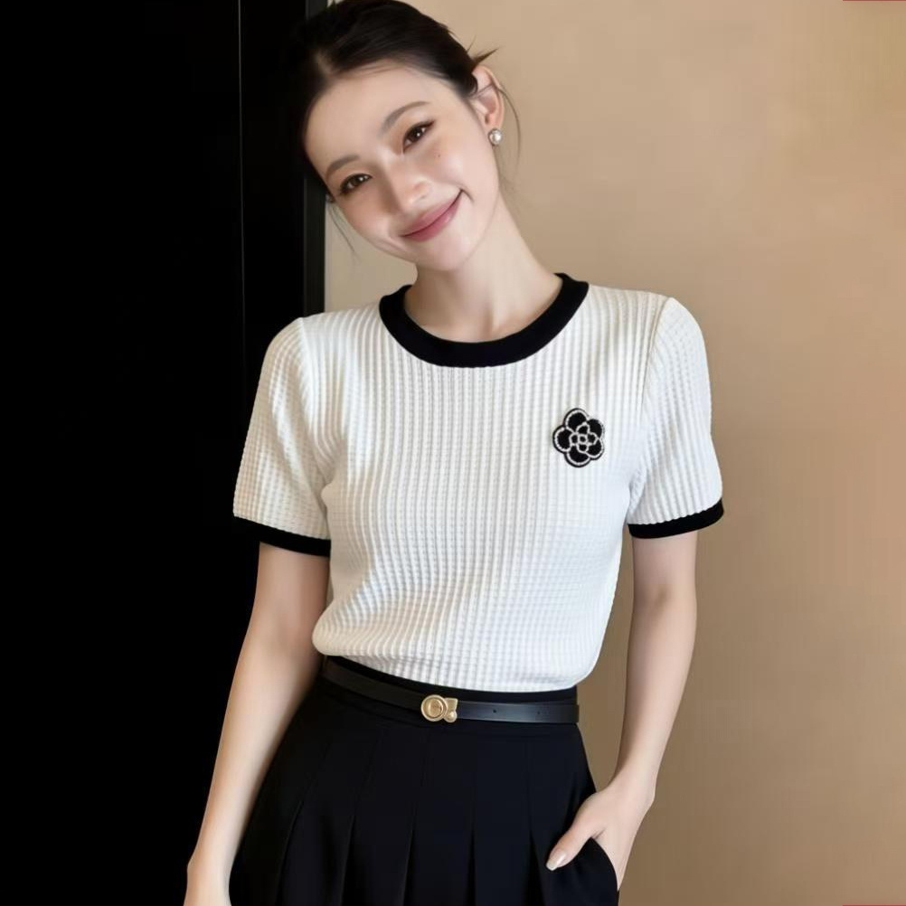 輕奢小香風2026夏新款山茶花釘珠裝飾薄款冰絲針織上衣短袖T恤女