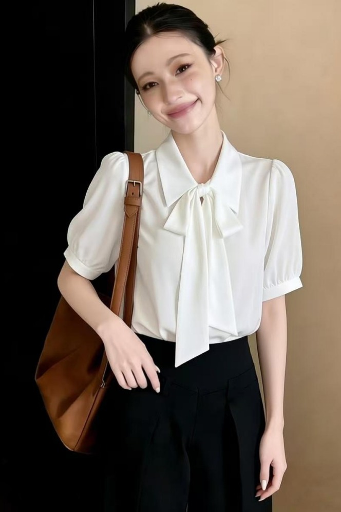 2026夏煙藍色短袖雪紡衫女小個子垂感韓系飄帶上衣溫柔風襯衫