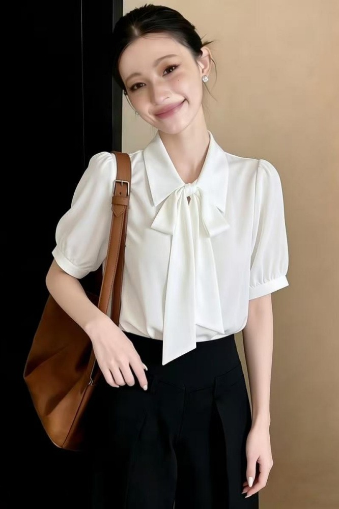 2026夏煙藍色短袖雪紡衫女小個子垂感韓系飄帶上衣溫柔風襯衫