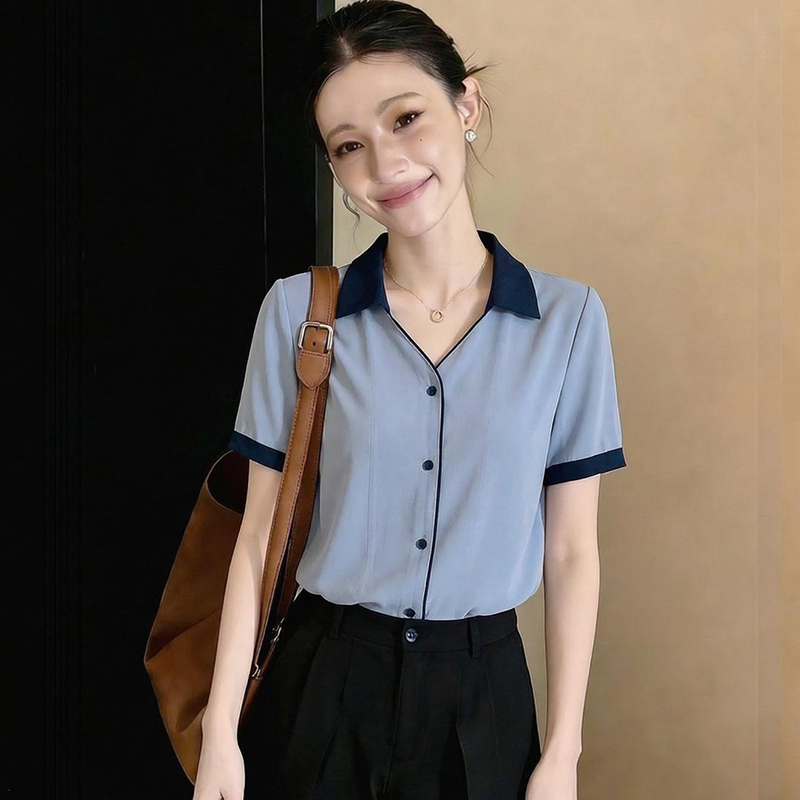 襯衫女2026夏季新款設計感小眾復古港味短袖雪紡衫襯衣女寬松上衣