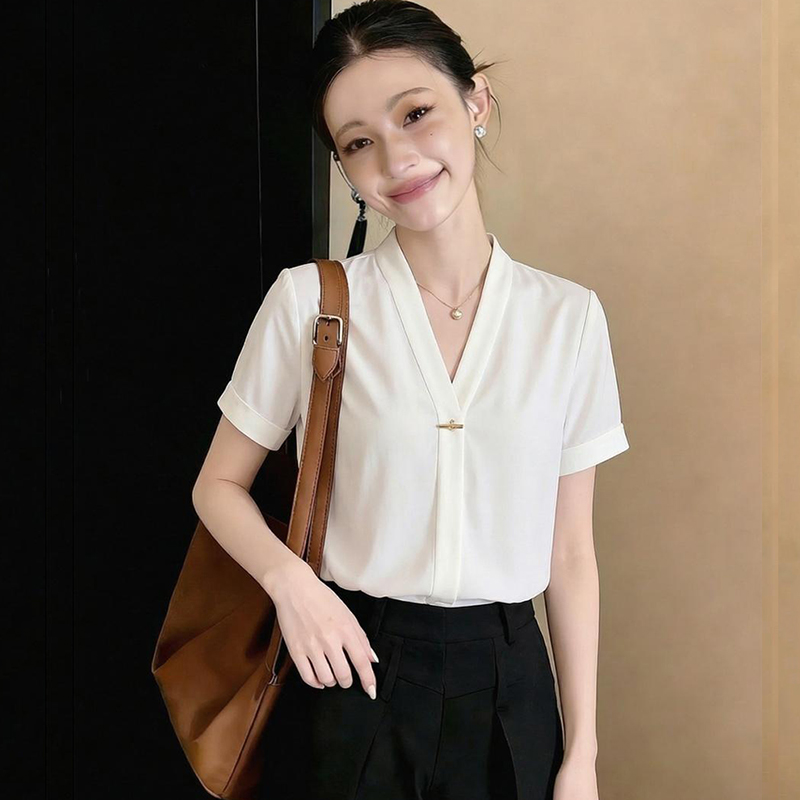 白色v領襯衫女氣質短袖2026夏季新款正裝抗皺職業打底上衣雪紡衫