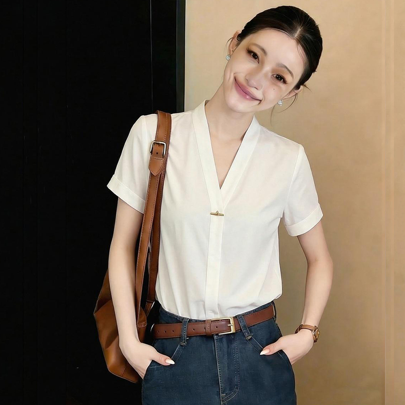 白色v領襯衫女氣質短袖2026夏季新款正裝抗皺職業打底上衣雪紡衫