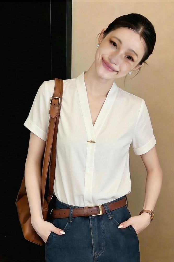 白色v領襯衫女氣質短袖2026夏季新款正裝抗皺職業打底上衣雪紡衫