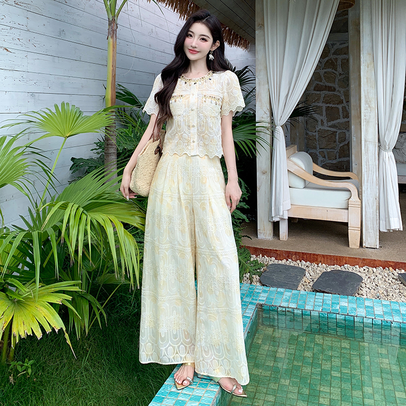 RY834# 实拍夏季超火巨好看重工刺绣小香风蕾丝上衣阔腿裤两件套