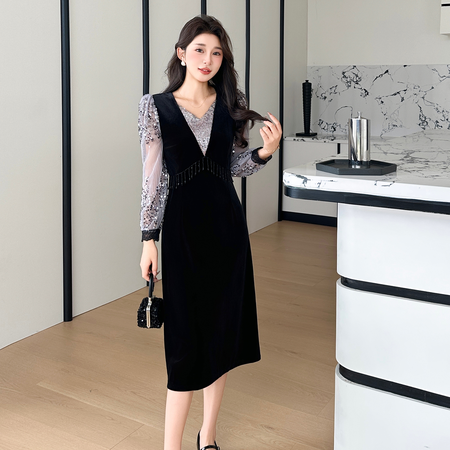 MY13714# 大码亮片拼接丝绒钉珠优雅气质连衣裙女裝貨源服裝批發