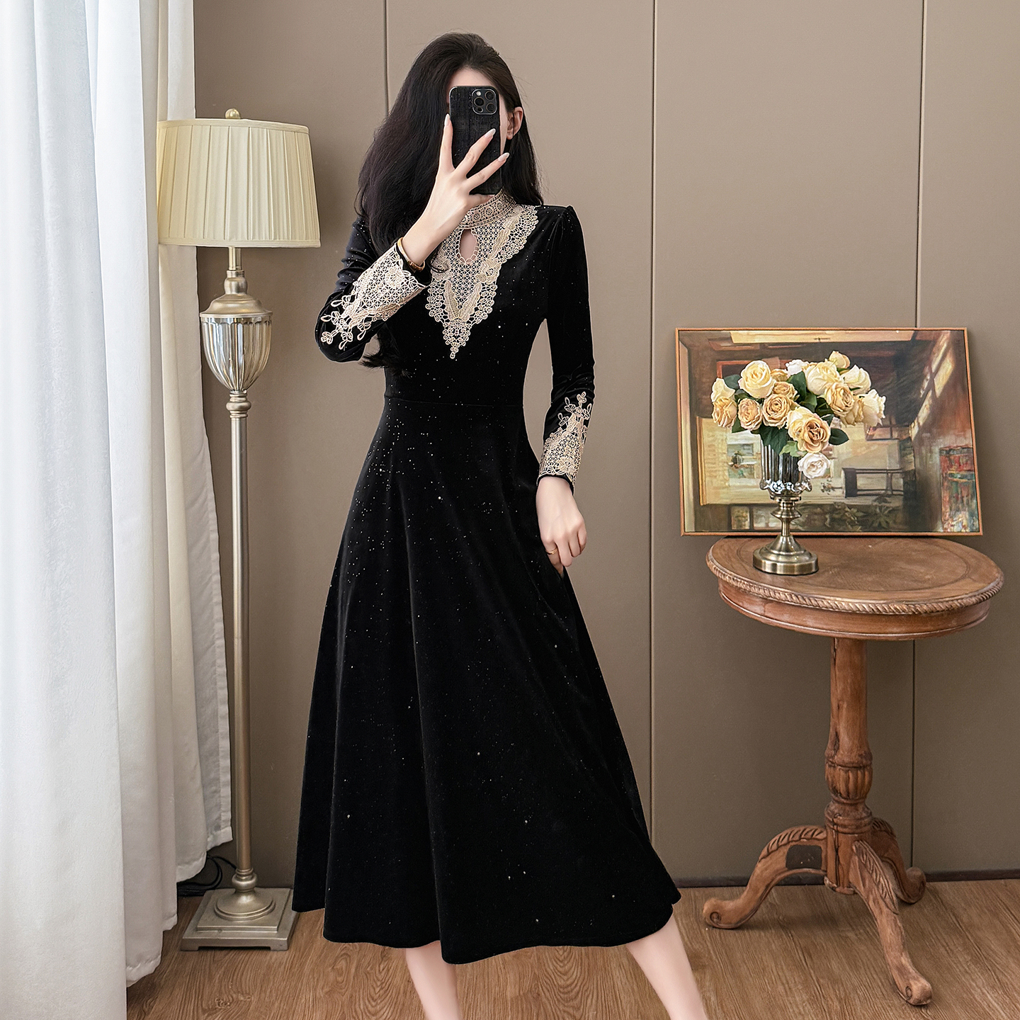 MY13713# 大码赫本风法式高级感亮片丝绒大摆连衣裙女裝貨源服裝批發