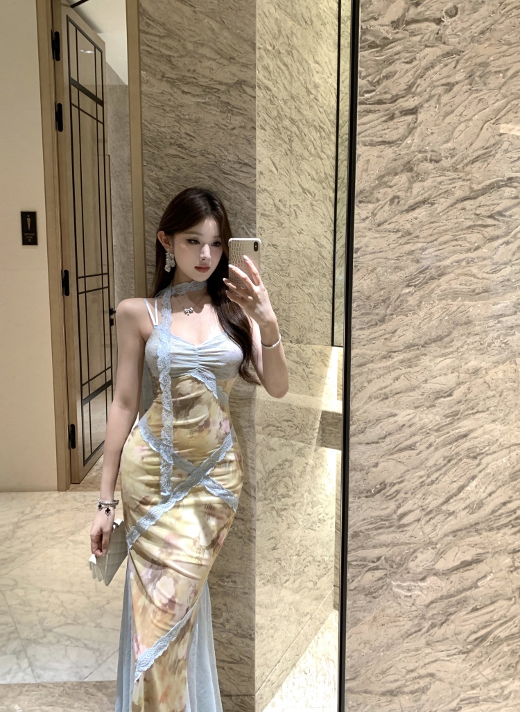 實拍實價 通勤淑女風網紗蕾絲拼接吊帶連衣裙長款