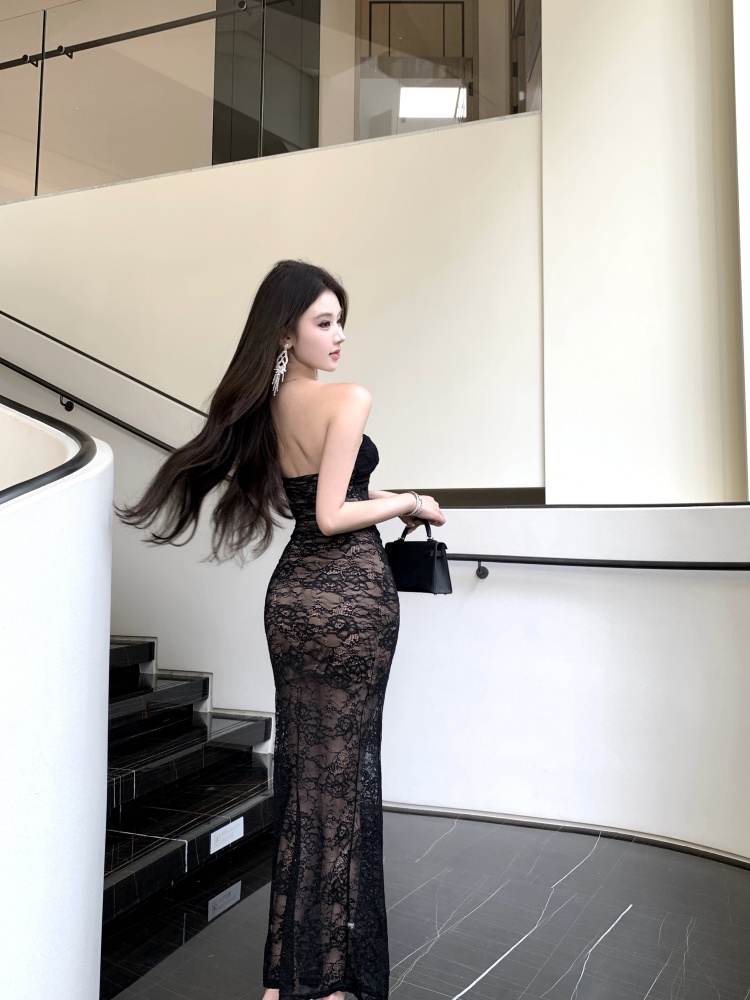 實拍實價 辣妹設計感網紗拼接抹胸連衣裙長款