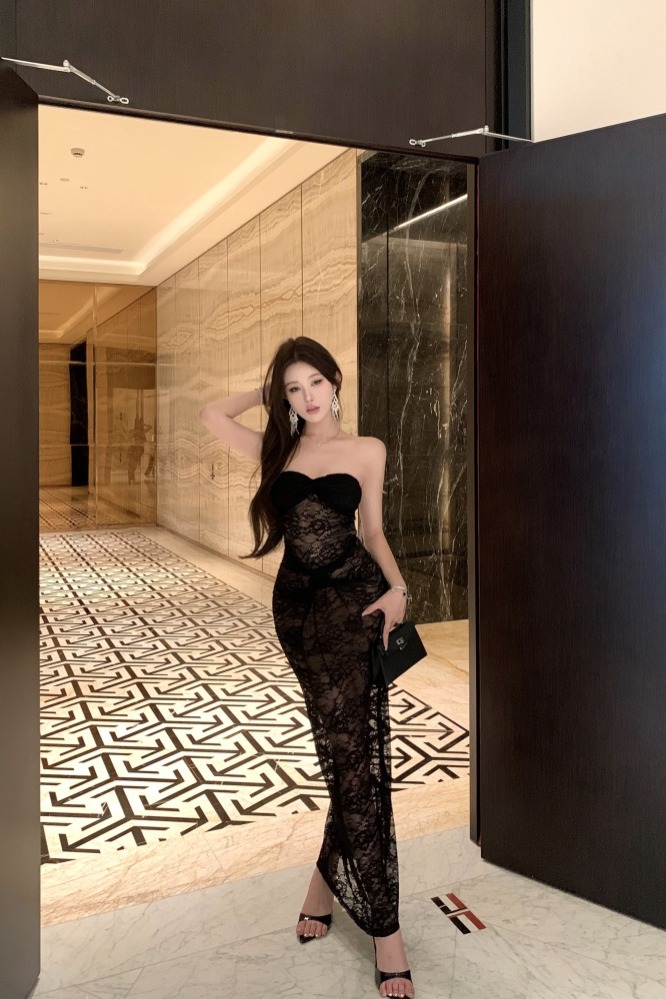 實拍實價 辣妹設計感網紗拼接抹胸連衣裙長款