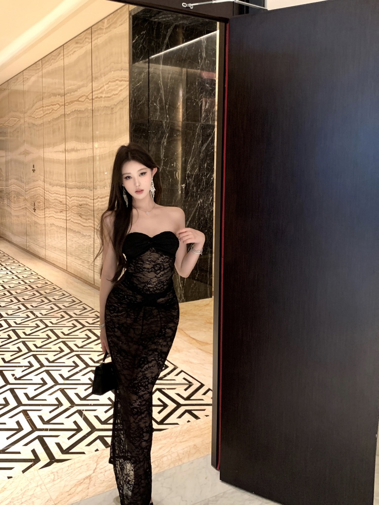 實拍實價 辣妹設計感網紗拼接抹胸連衣裙長款