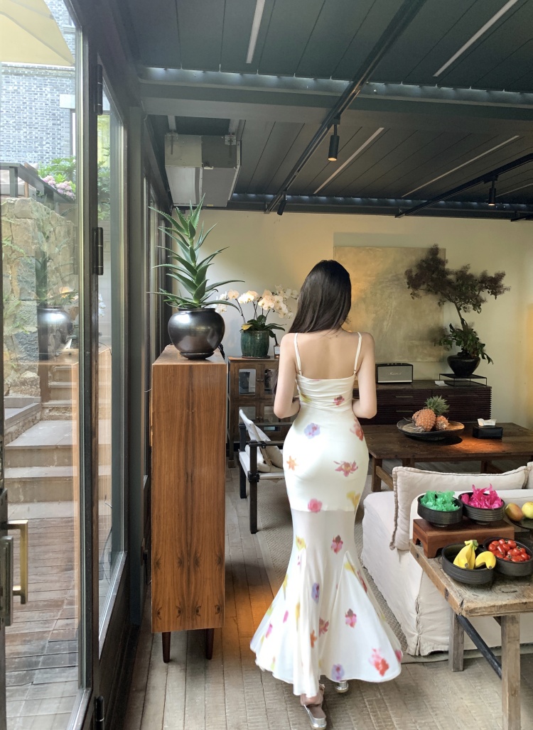 實拍實價 吊帶網紗修身顯瘦花朵印花連衣裙長款