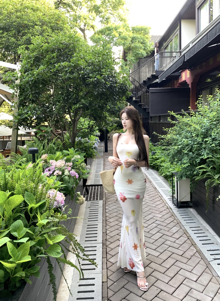 實拍實價 吊帶網紗修身顯瘦花朵印花連衣裙長款