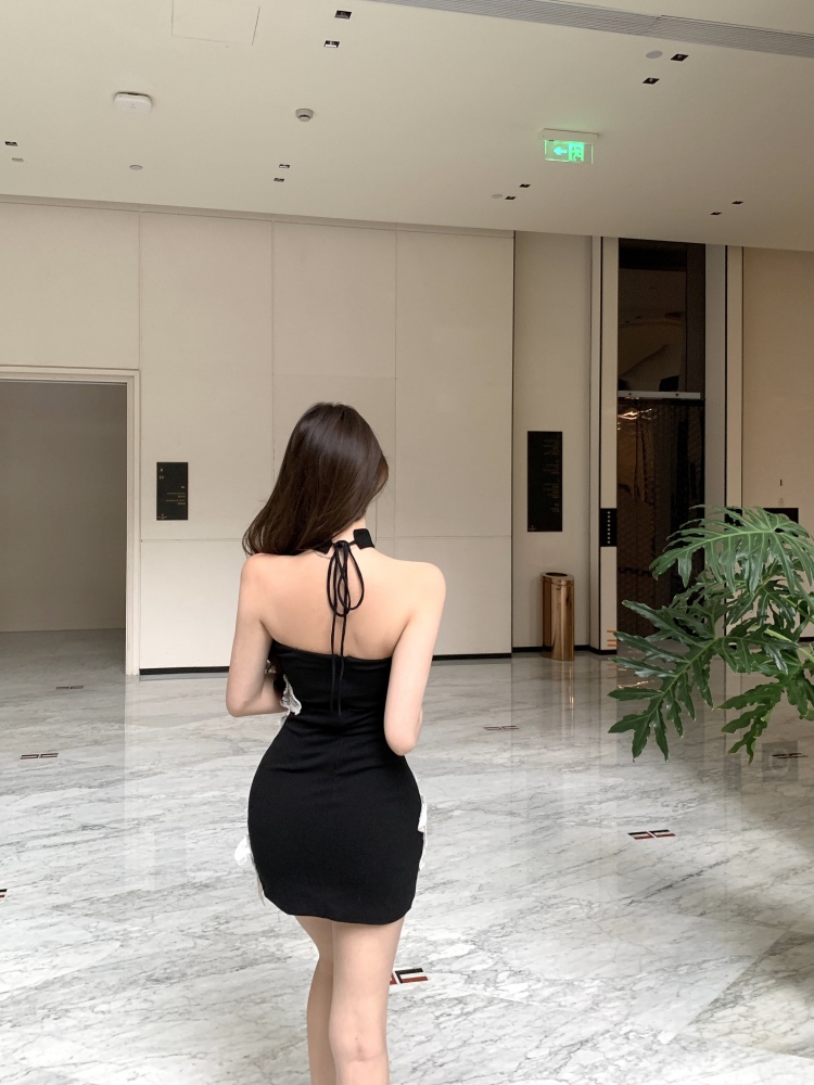 實拍實價 辣妹修身顯瘦抹胸釘珠花朵連衣裙短款