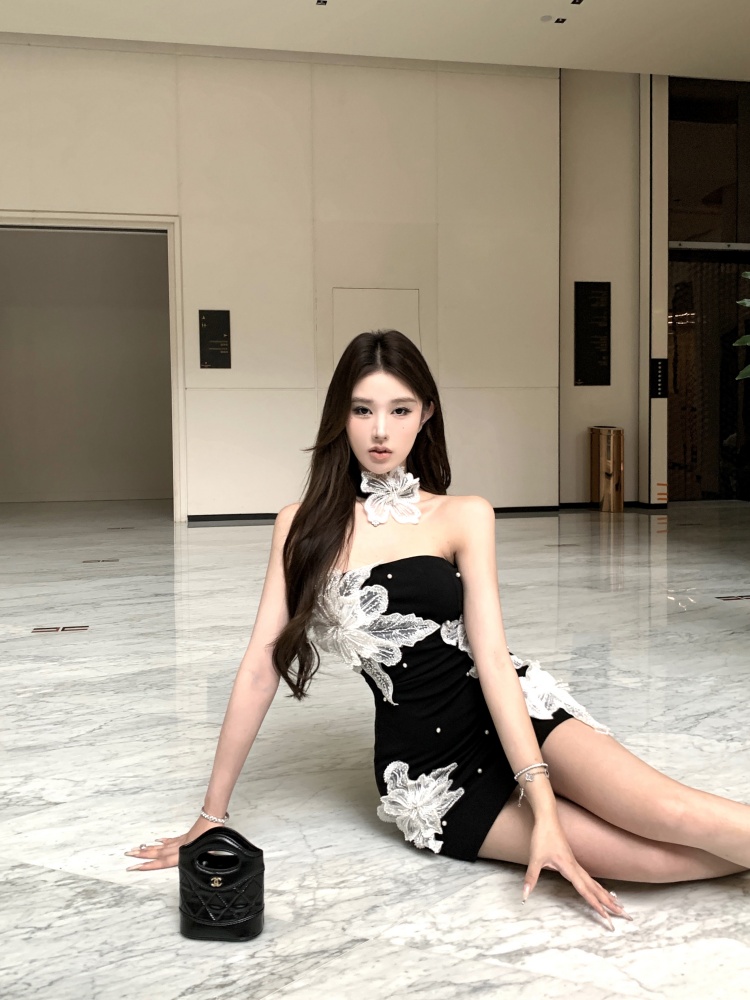 實拍實價 辣妹修身顯瘦抹胸釘珠花朵連衣裙短款