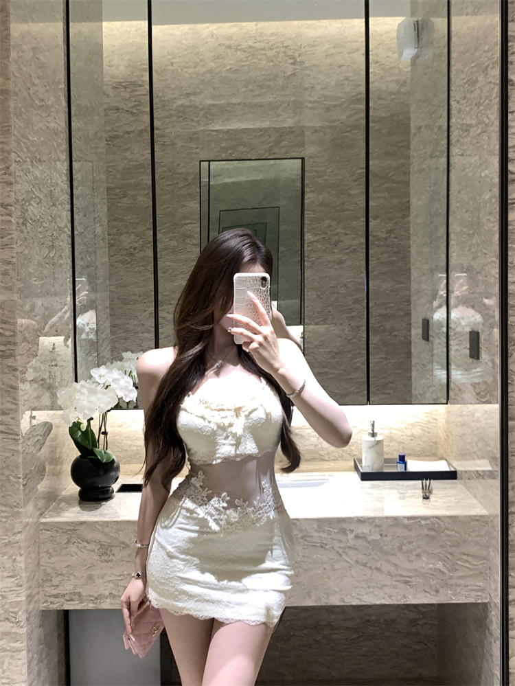 實拍實價  辣妹蕾絲吊帶連衣裙短款 帶胸墊