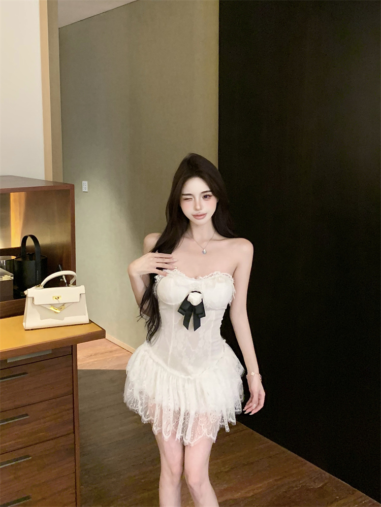 實拍實價 法式辣妹修身顯瘦蕾絲拼接抹胸蛋糕連衣裙短款