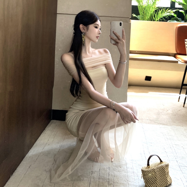 實拍實價 辣妹修身顯瘦杏色網紗拼接抹胸連衣裙長款