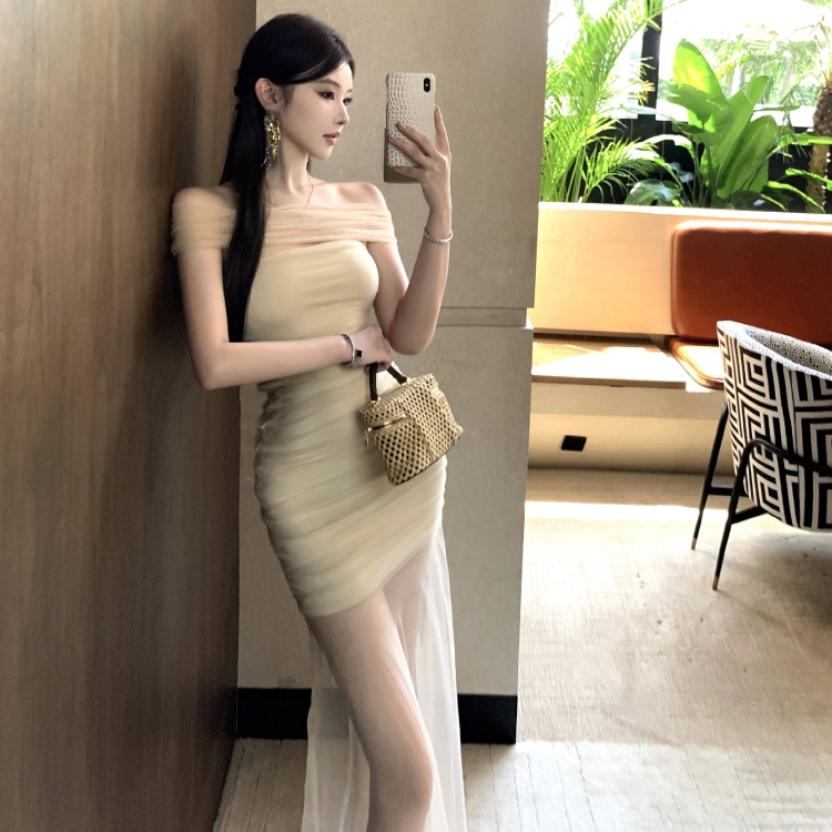 實拍實價 辣妹修身顯瘦杏色網紗拼接抹胸連衣裙長款