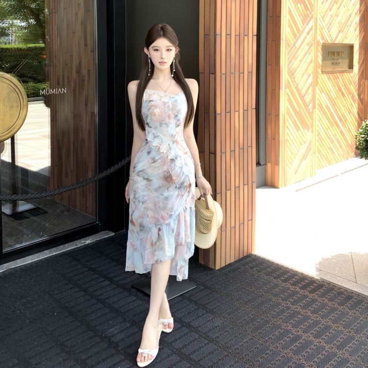 辣妹碎花雪纺吊带连衣裙中长款 服裝批發女裝批發服飾貨源