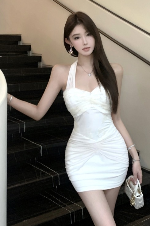 實拍實價 辣妹掛脖修身顯瘦蕾絲拼接長袖連衣裙短款