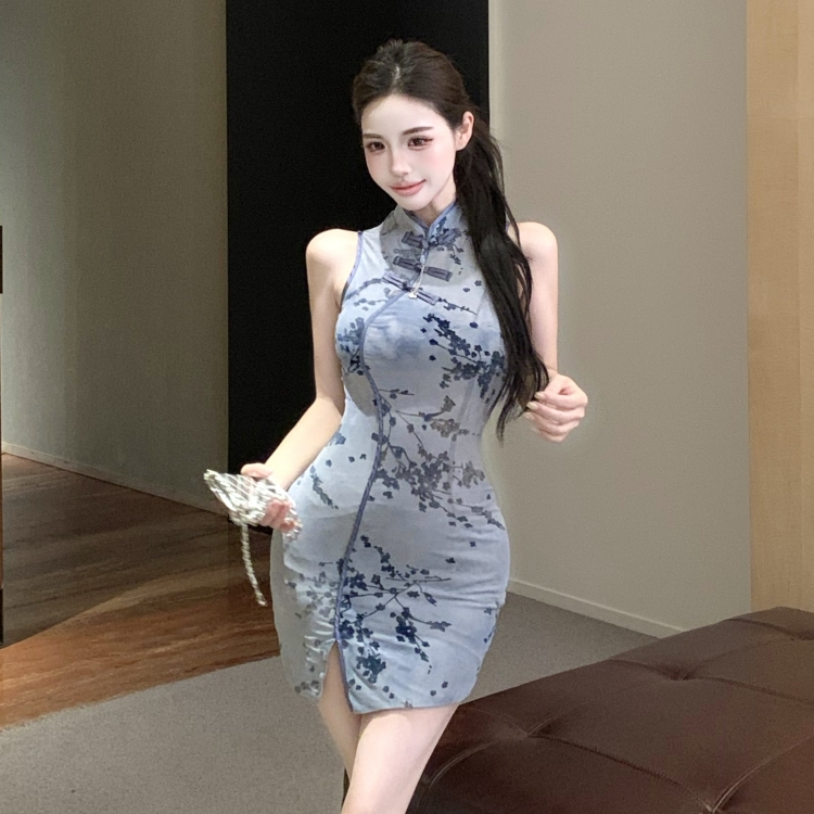 實拍實價 新中式改良旗袍網紗拼接裝飾盤扣連衣裙短款