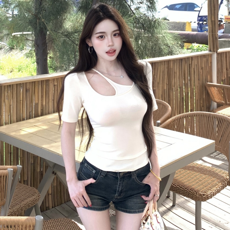 MY12916# 纯色针织设计感T恤夏季收腰上衣女裝貨源服裝批發