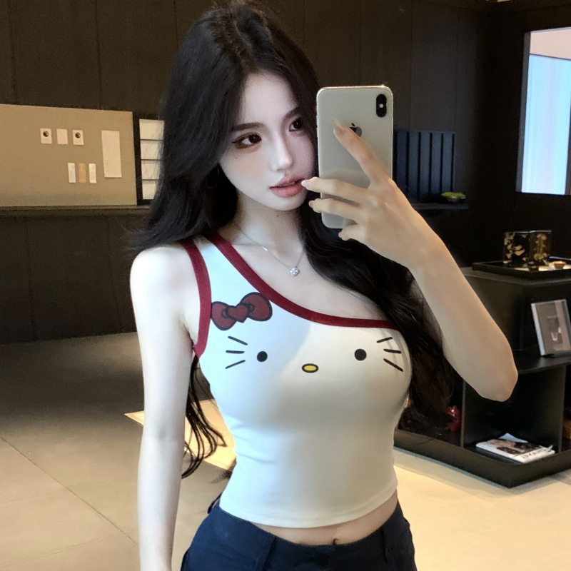 MY12913# 辣妹印花针织设计感T恤夏季收腰斜肩上衣女裝貨源服裝批發