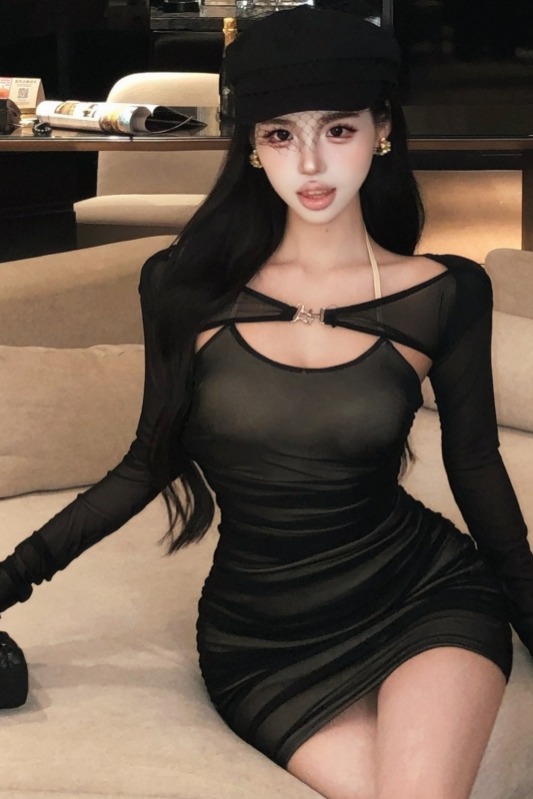 實拍實價 辣妹修身顯瘦黑色網紗吊帶包臀連衣裙+網紗長袖防曬罩衫