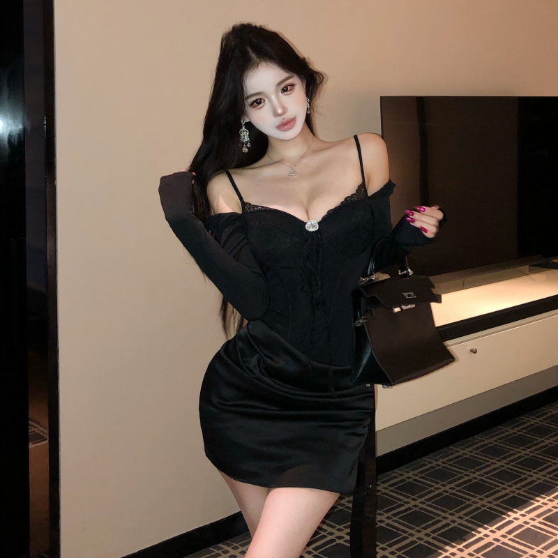 實拍實價  辣妹修身顯瘦魚骨長袖連衣裙包臀