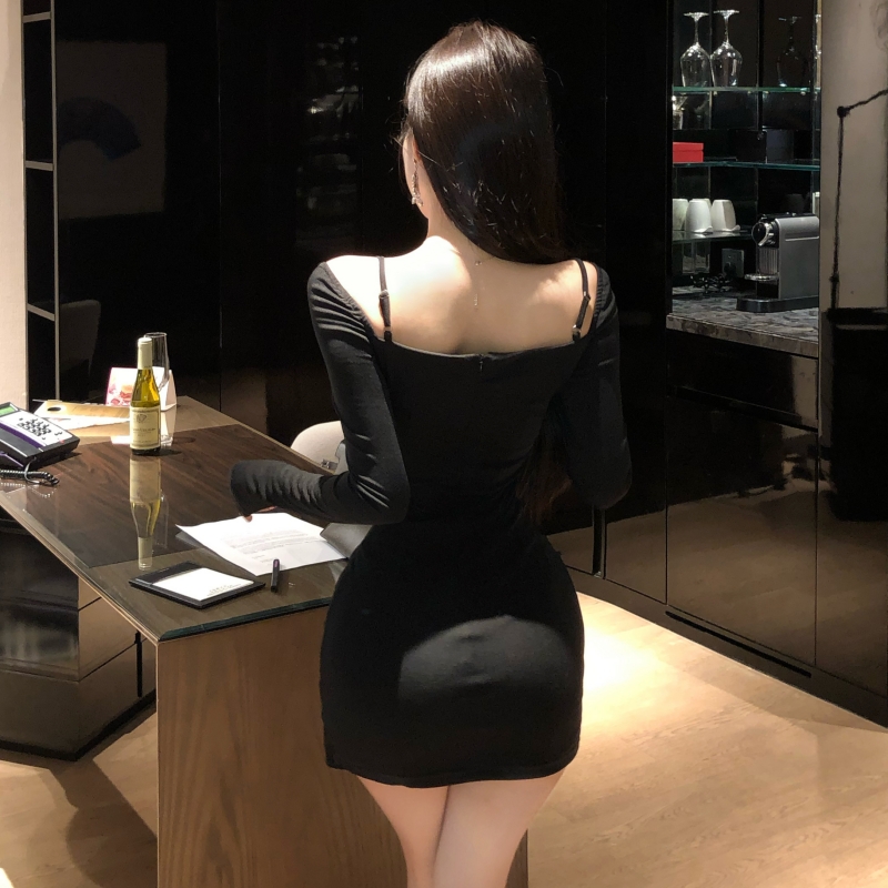 實拍實價  辣妹修身顯瘦魚骨長袖連衣裙包臀