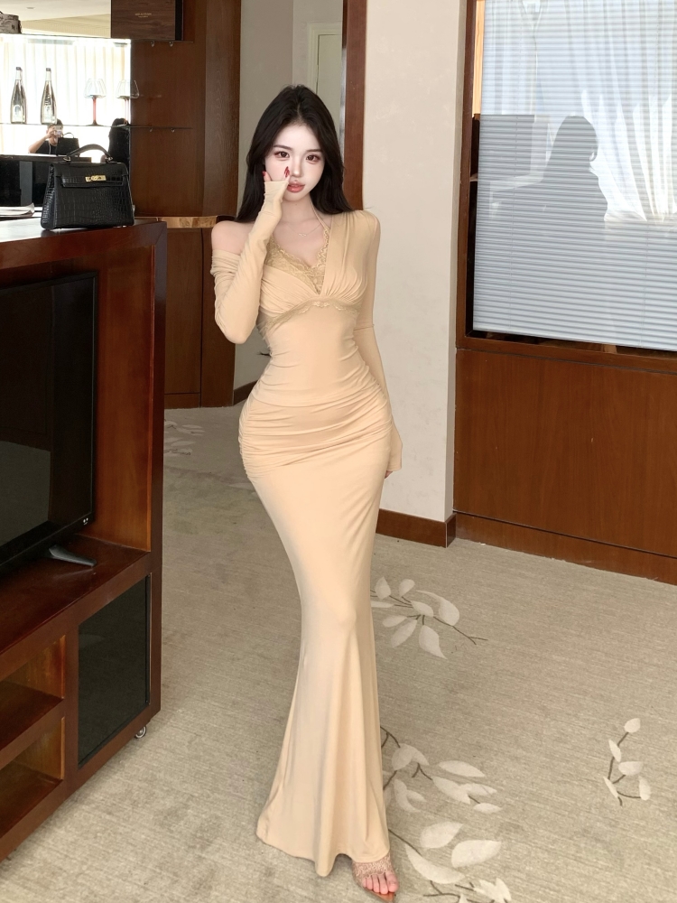 實拍實價  辣妹蕾絲拼接假2件長袖T恤上衣+高腰褶皺包臀半裙長款