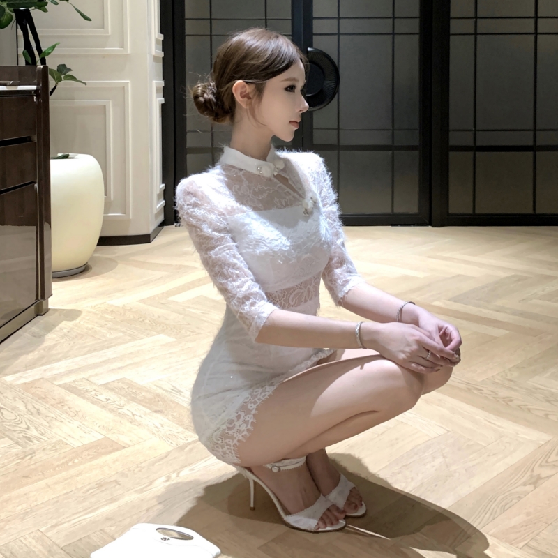 實拍實價  國風蕾絲中袖修身包臀連衣裙短款