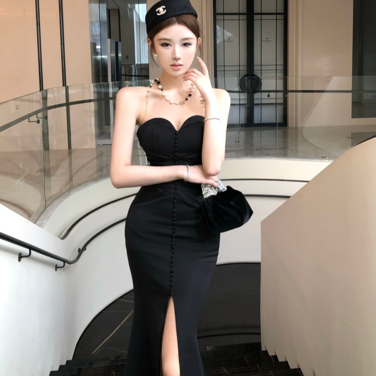 實拍實價 抹胸修身顯瘦設計感抽褶宴會開叉禮服連衣裙長款有胸杯