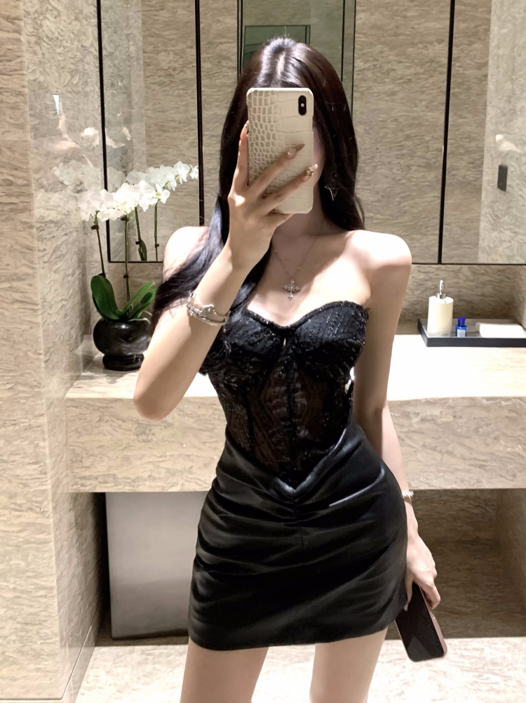 實拍實價  辣妹蕾絲拼接修身顯瘦包臀連衣裙短款