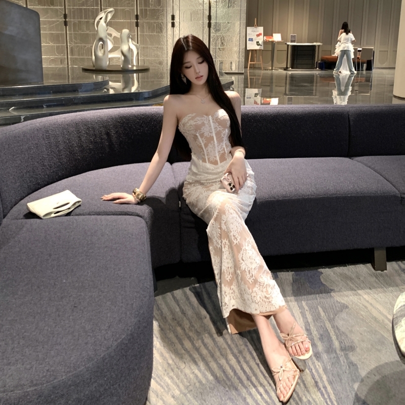 實拍實價 抹胸連衣裙女高級名媛千金重工魚骨宴會長裙性感包臀裙
