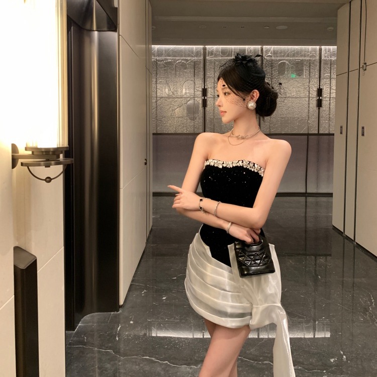實拍實價 輕奢小眾收腰撞色細閃絲絨抹胸包臀禮服連衣裙綁帶修身