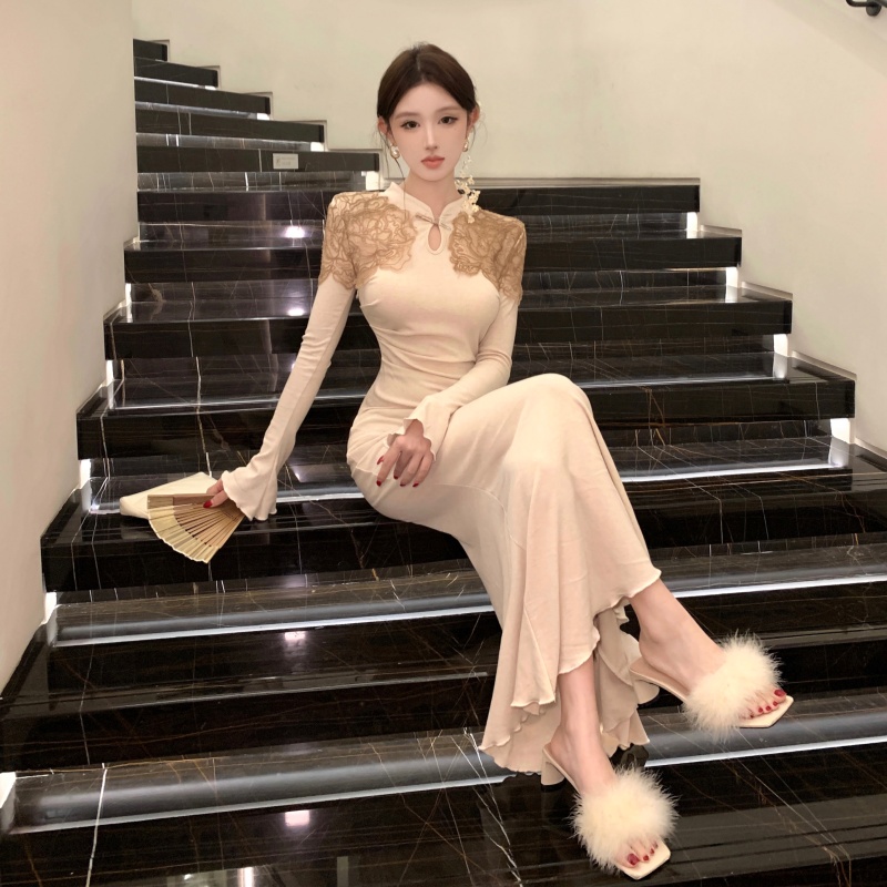 實拍實價 新中式旗袍針織長袖連衣裙女秋冬內搭氣質收腰