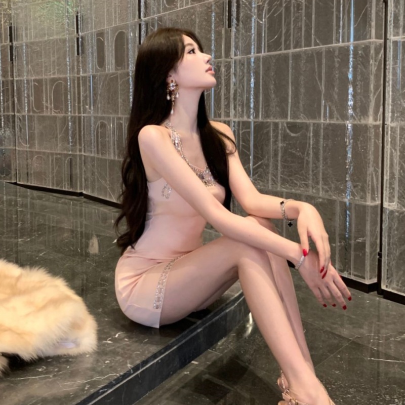實拍實價 辣妹宴會氣質性感重工鑲鉆女連衣裙短款