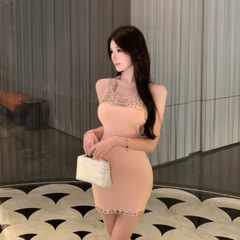 實拍實價 辣妹宴會氣質性感重工鑲鉆女連衣裙短款