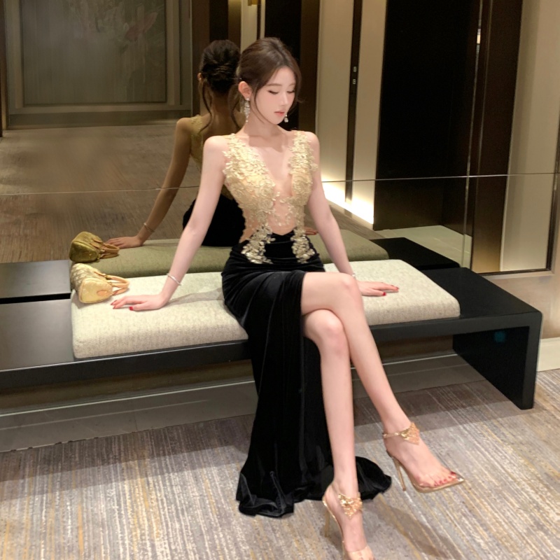 實拍實價 御姐性感透視開叉鏤空蕾絲拼接吊帶宴會禮服連衣裙