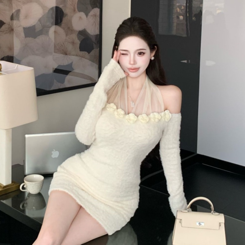 實拍實價性感網紗拼接長袖女秋季新款修身顯瘦露肩辣妹包臀連衣裙